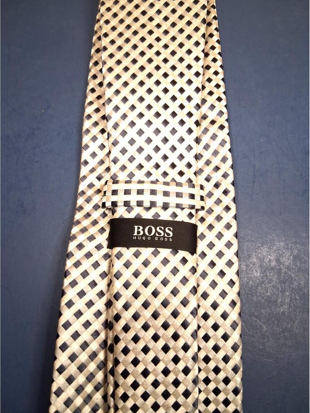 NWOT Hugo Boss Men's Silver and Black 100% Silk Micro-Check Geometric Neck Tie